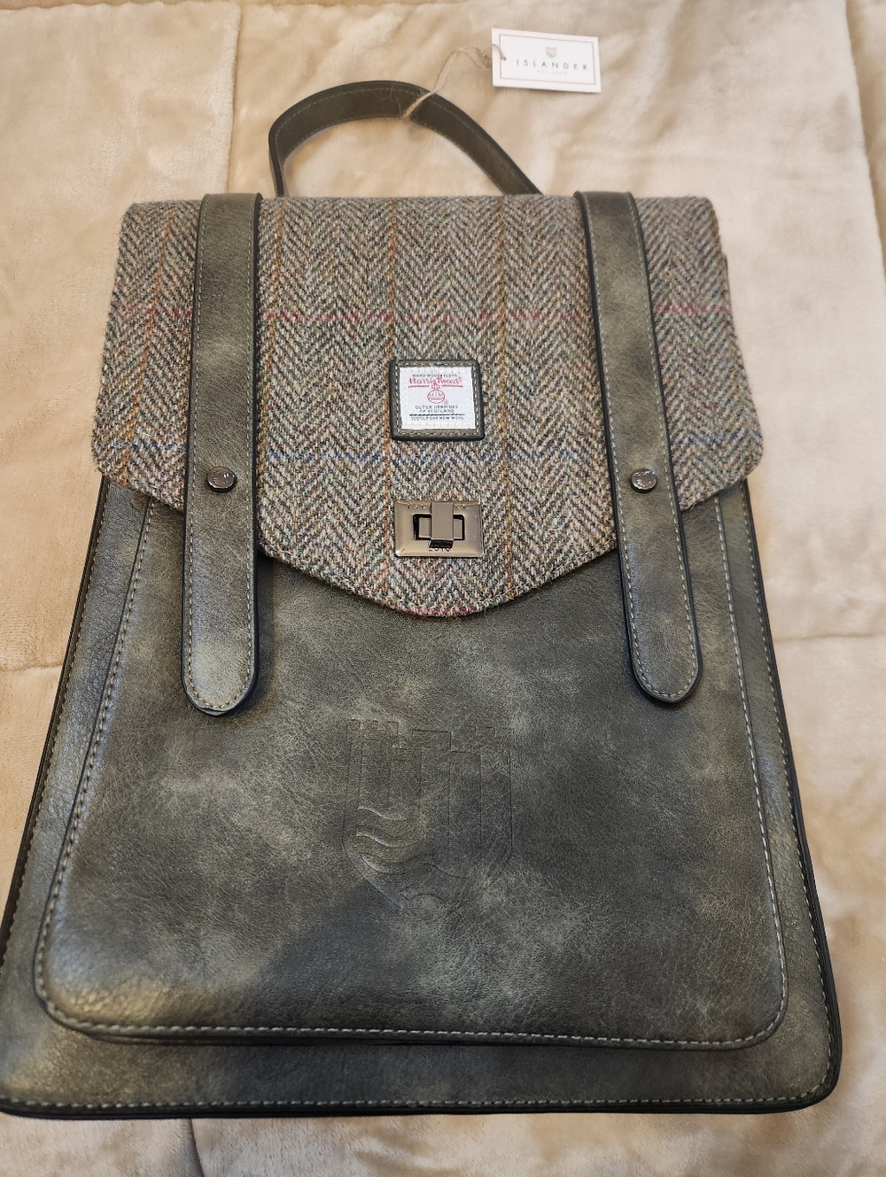 Islander Olive Green Leather & Harris Tweed  Backpack